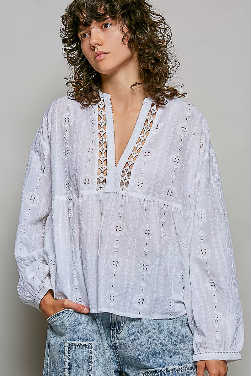 POL Lace Eyelet Long Sleeve Cotton Blouse, image 4