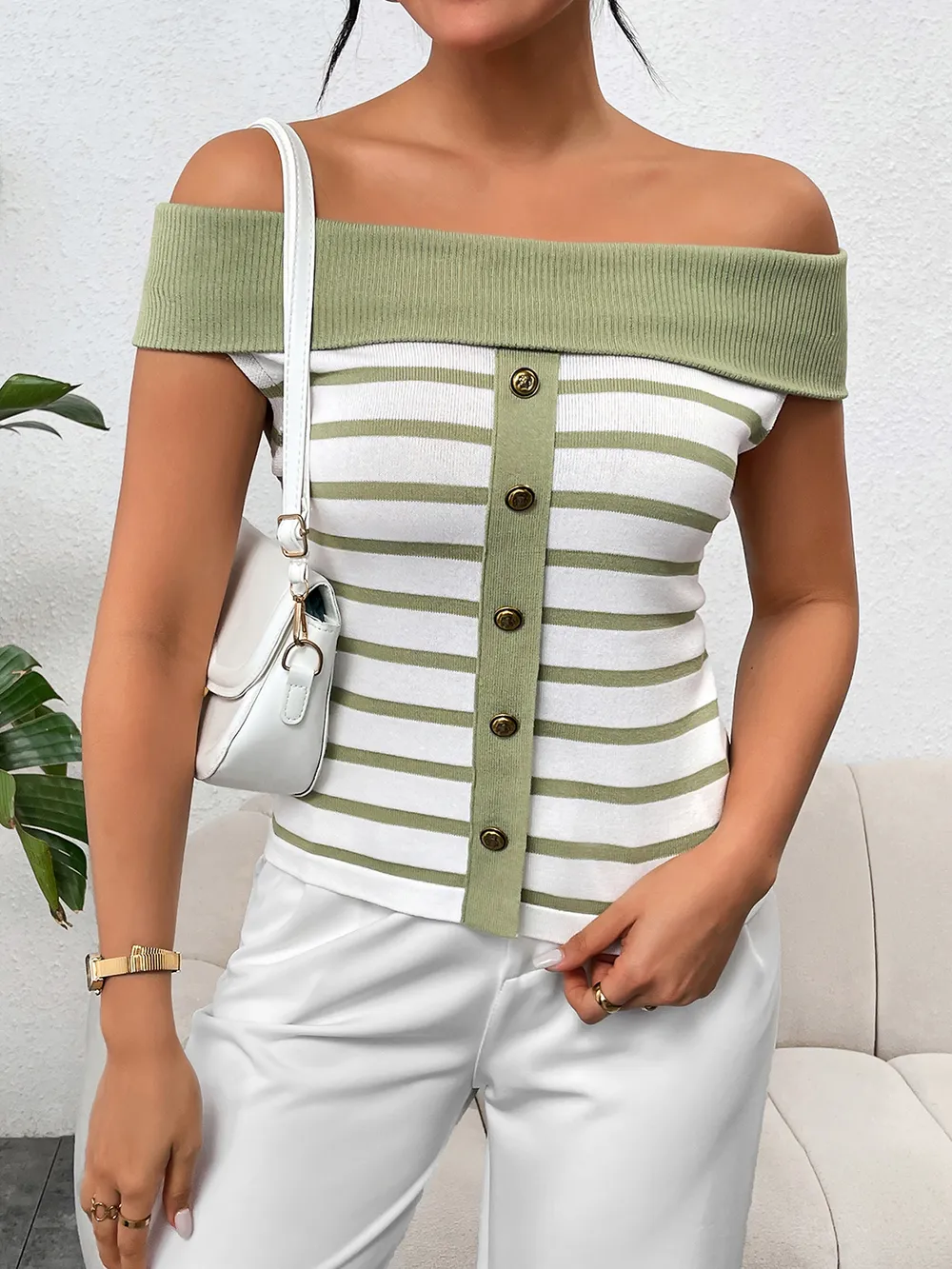 Decorative Button Striped Off-Shoulder Knit Top, image 5