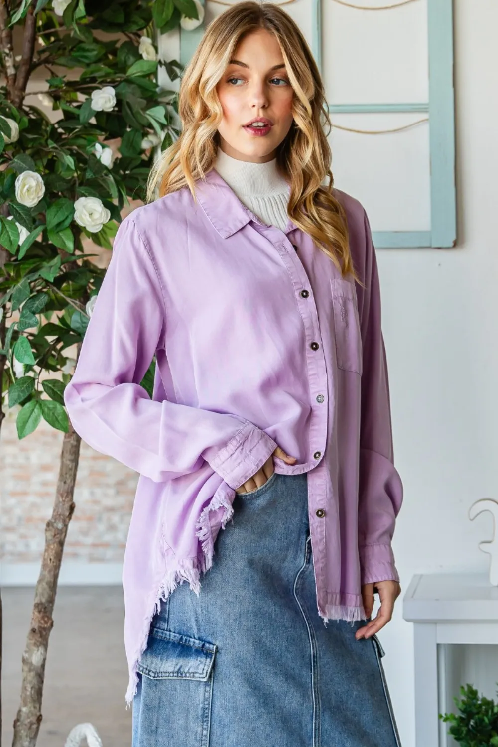 Raw Hem Button Up Long Sleeve Shirt, image 4