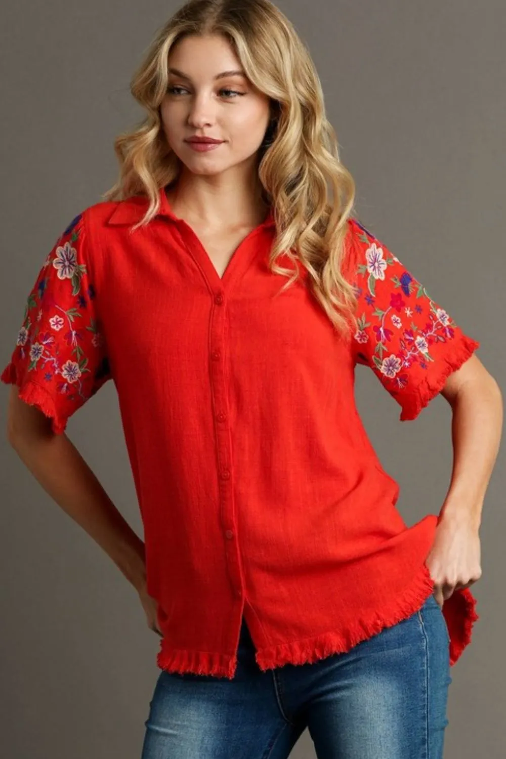 Full Size Linen Shirt with Embroidered Sleeves Plus Size