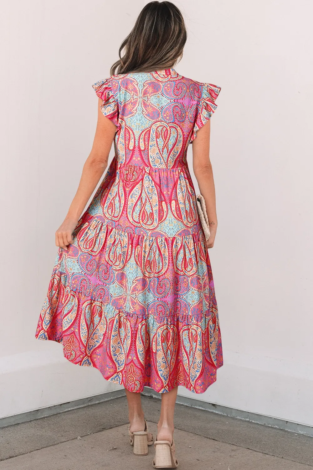 Tribal Paisley Print Ruffled Sleeve Notch Neck Midi Dress, image 2