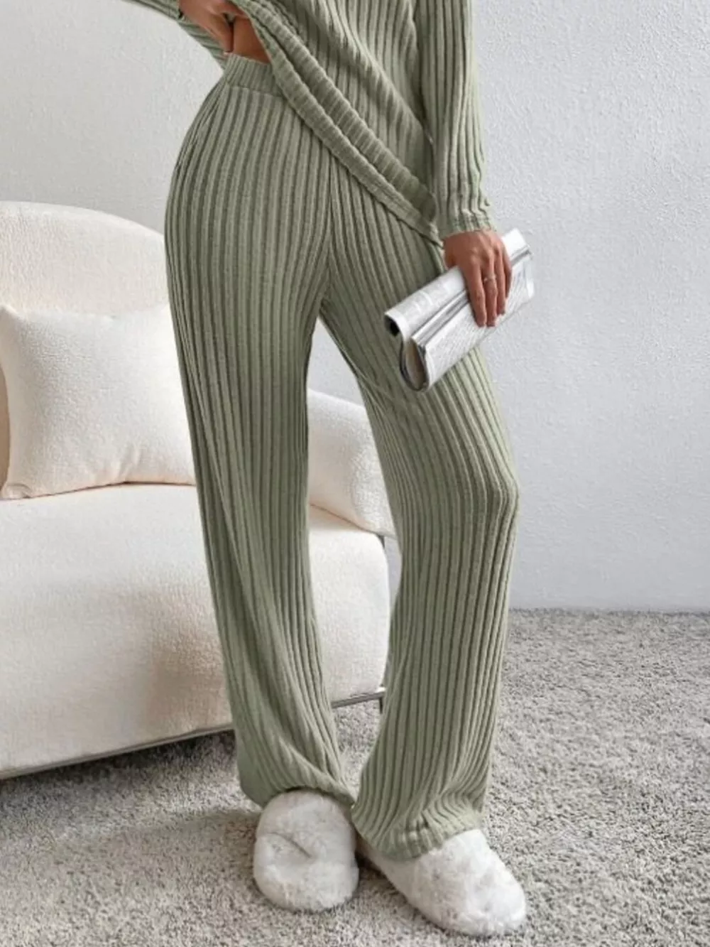 Ribbed Knit V-Neck Top and Pants Set, image 2
