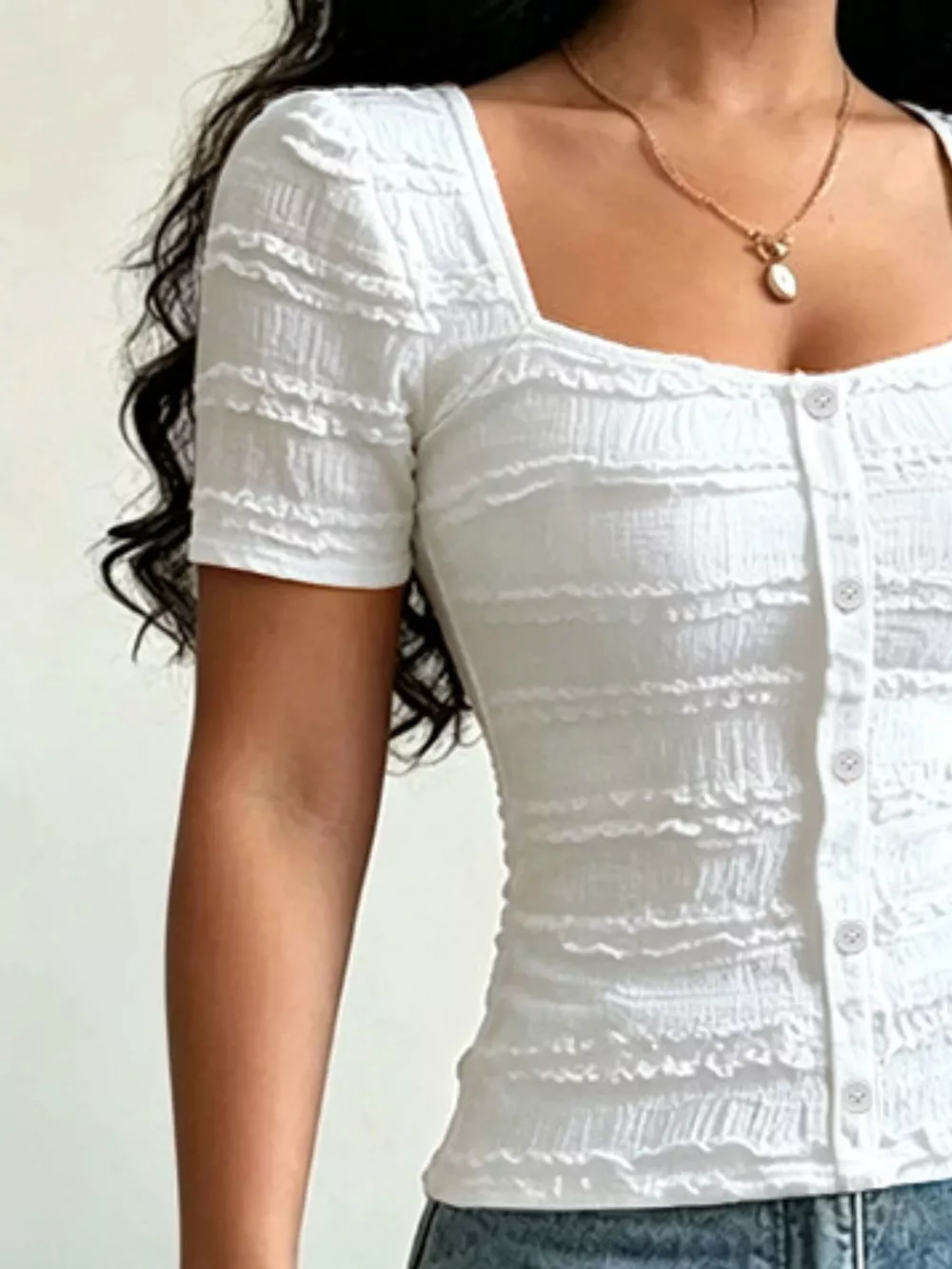 Frill Square Neck Short Sleeve Top, image 3