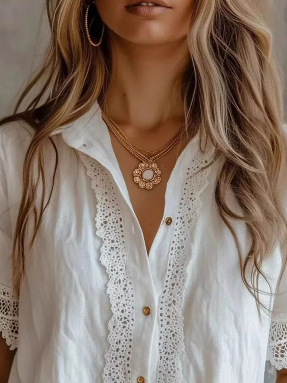 Lace-Trimmed Short Sleeve Button-Down Shirt, image 4