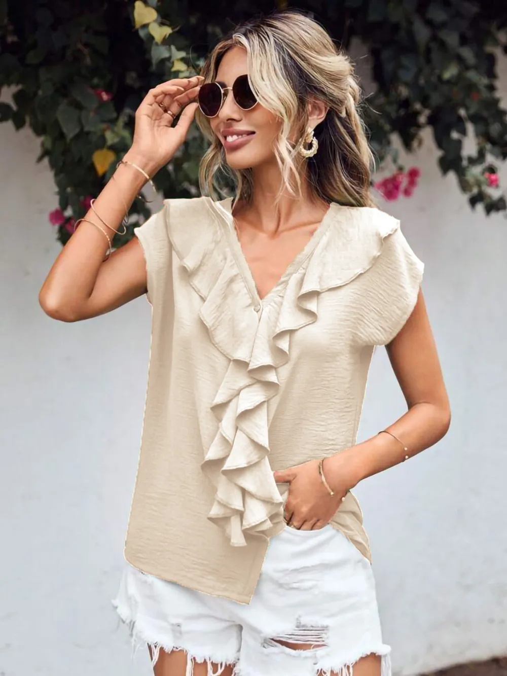 Ruffled V-Neck Short Sleeve Blouse, image 10