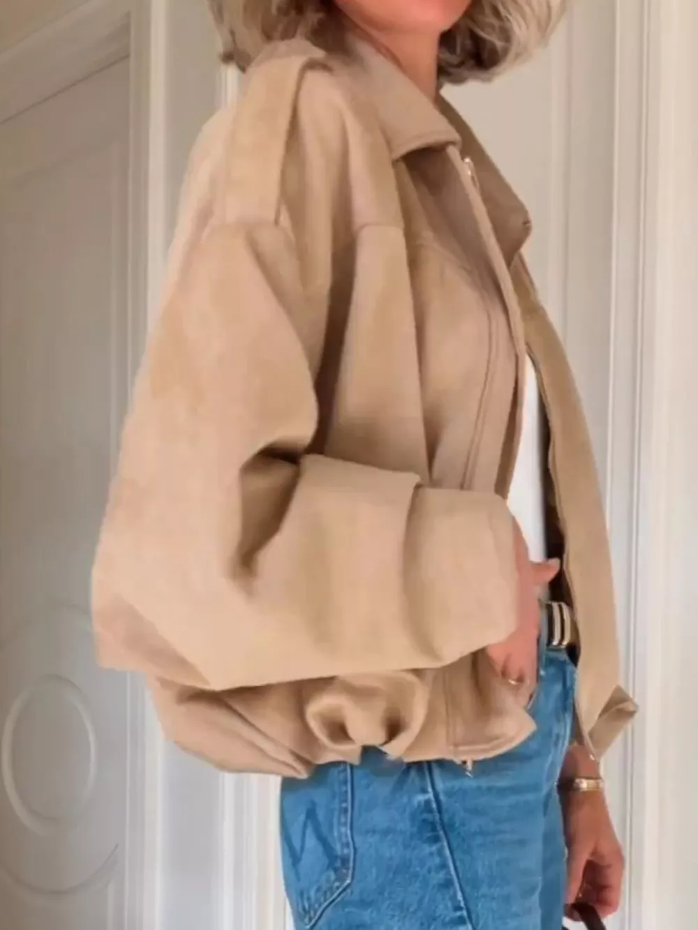 Zip Up Dropped Shoulder Suede Jacket, image 4