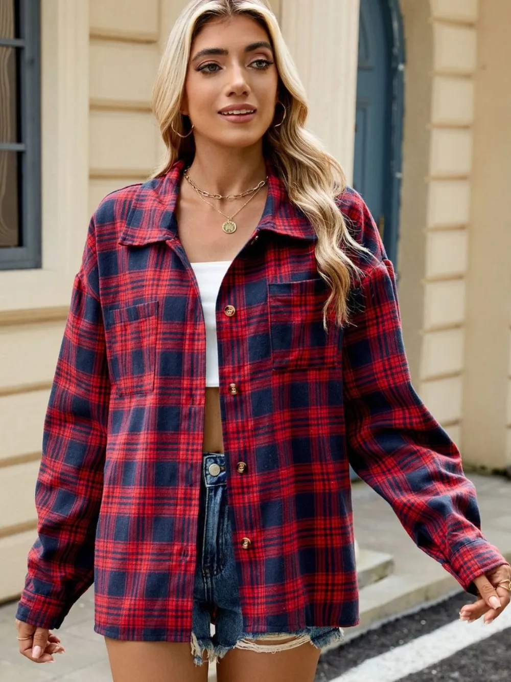 Plaid Collared Neck Long Sleeve Shirt, image 3