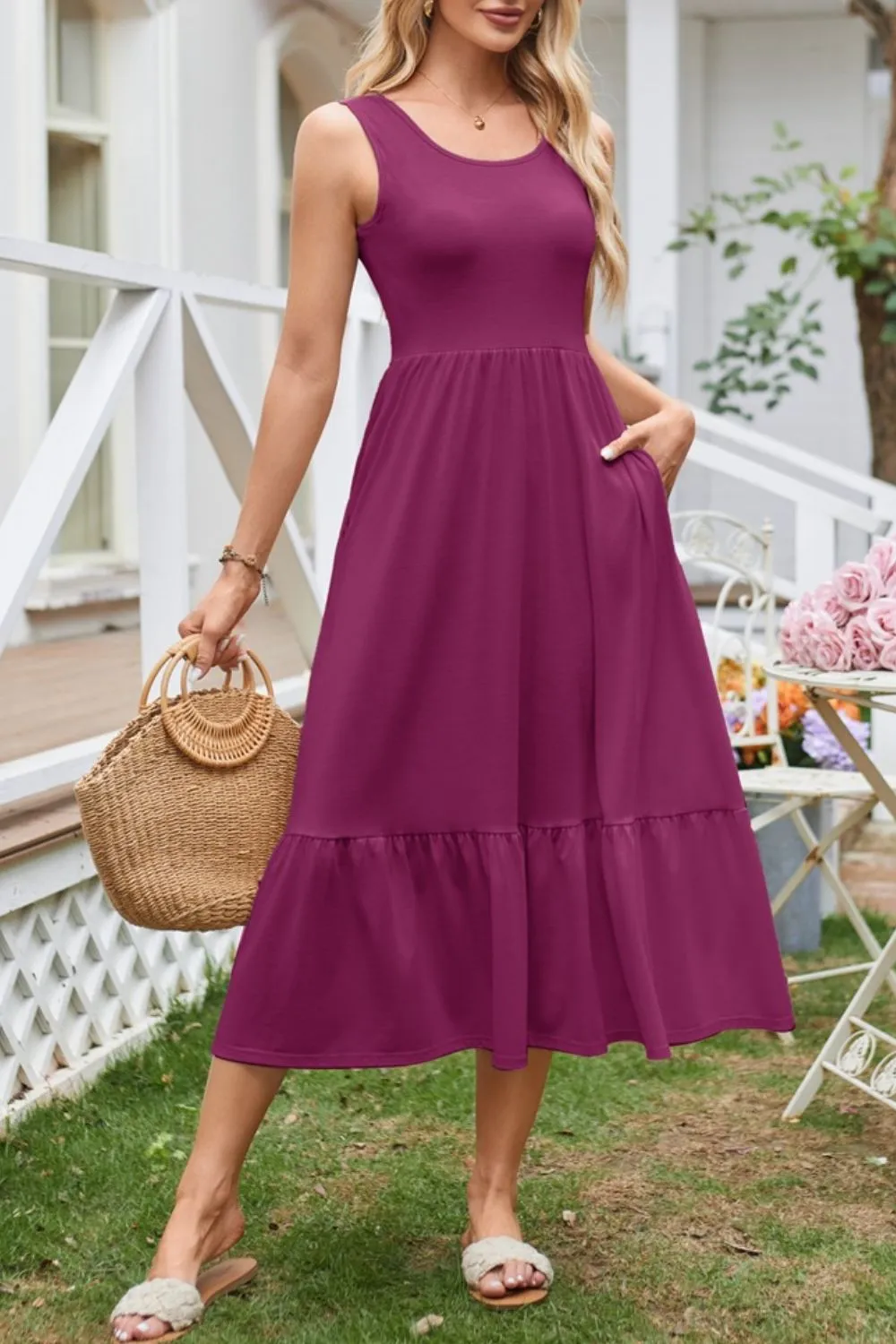 Round Neck Wide Strap Tank Dress, image 3