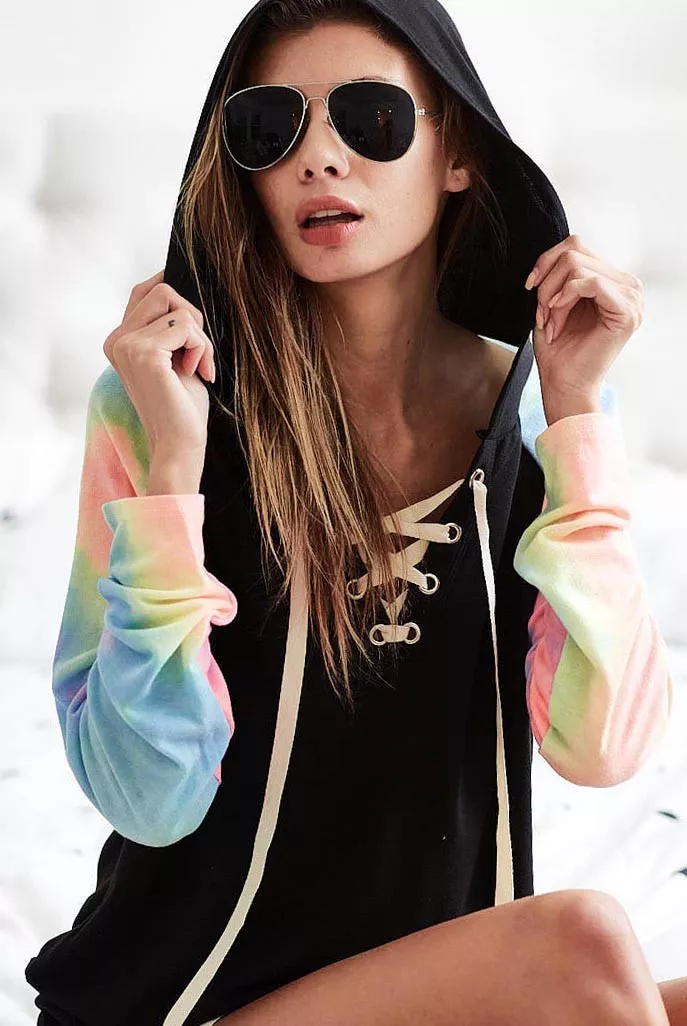 French Terry Lace Up Hoodie With Tie Dye Sleeves, image 3