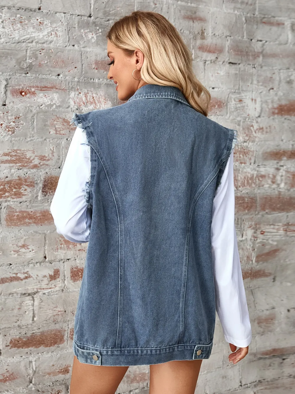 Raw Hem Sleeveless Button Up Denim Jacket, image 2