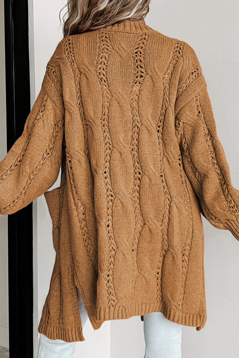 Cable-Knit Dropped Shoulder Slit Cardigan, image 14