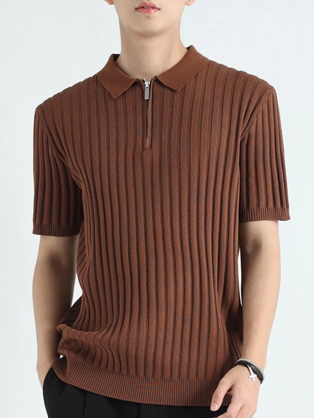 Men's Plus Size Ribbed Knit Short Sleeve Polo, image 3
