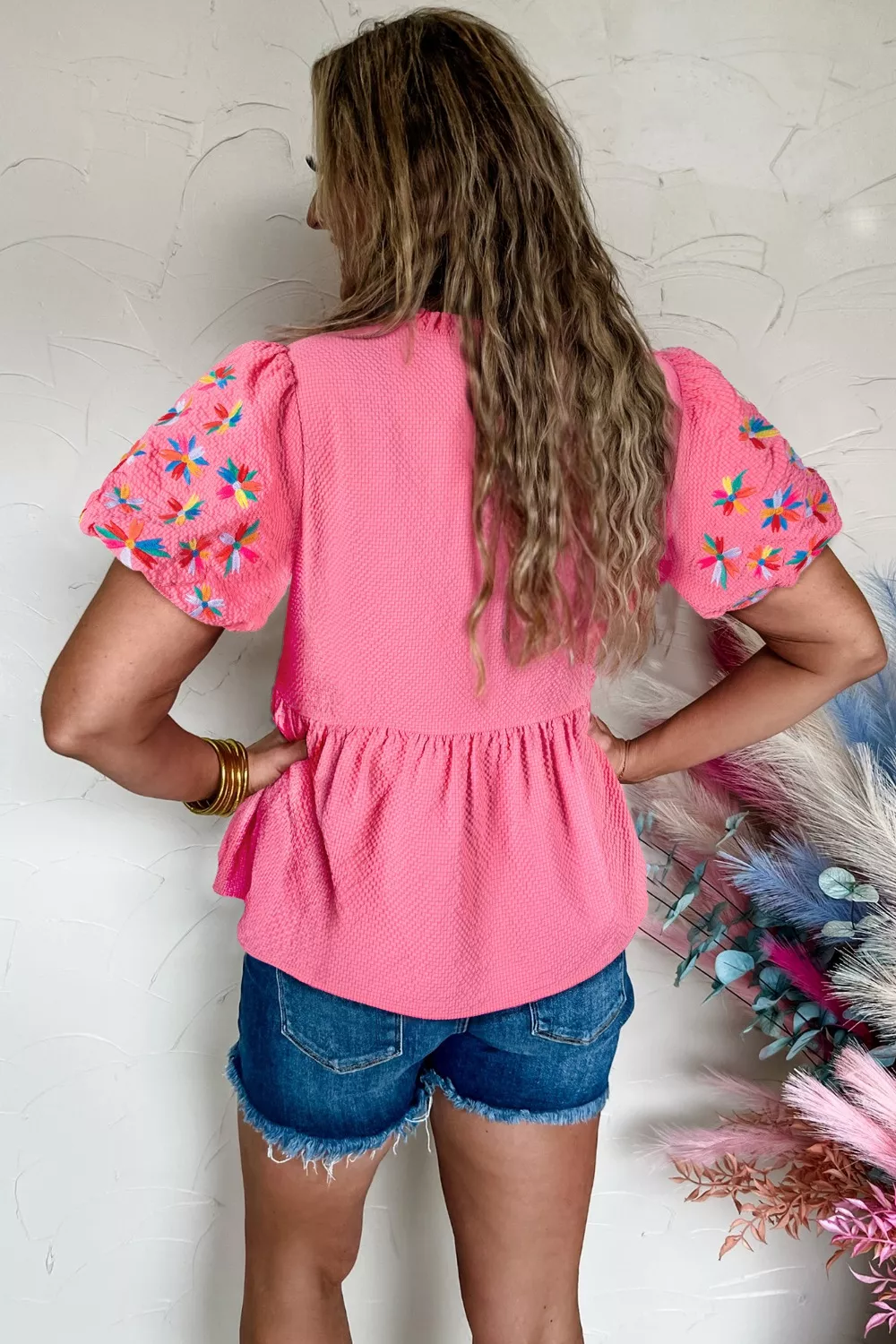 Frilled V Neck Flower Embroidered Puff Sleeve Textured Blouse, image 2