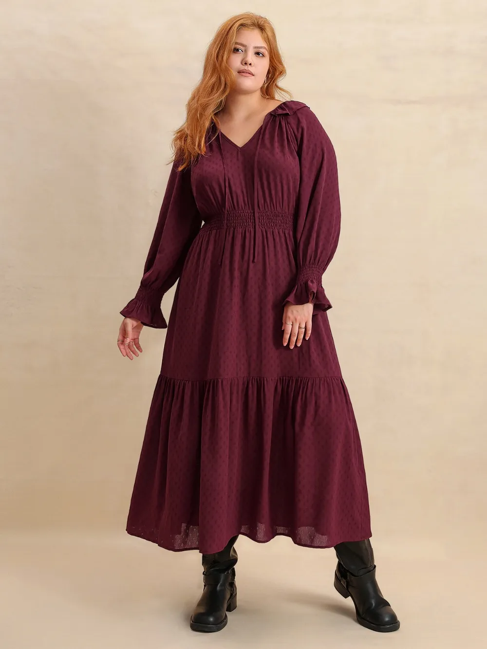 Plus Size Swiss Dot Tie Neck Flounce Sleeve Maxi Dress, image 2