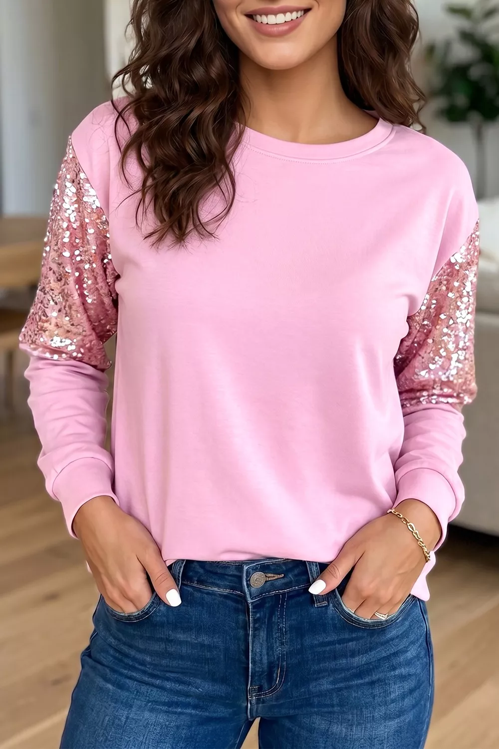 Long Sleeve Sequin Round Neck Pullover Top, image 4