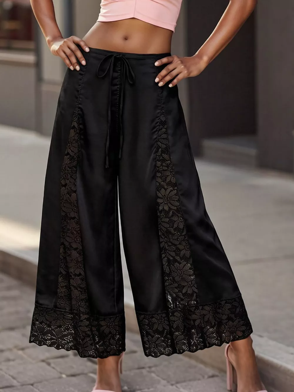 Lace Trim Wide-Leg Cropped Pants, image 13