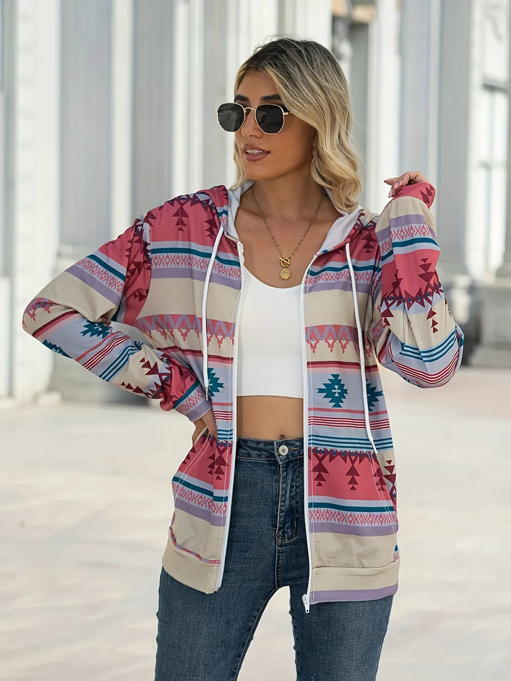 Geometric Zip Up Long Sleeve Hooded Jacket, image 2