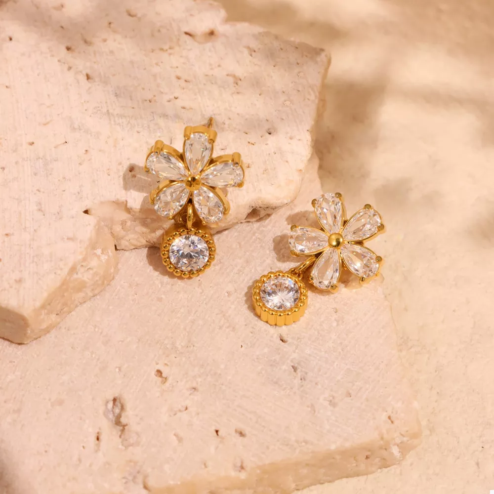 18K Gold-Plated Stainless Steel Zircon Flower Drop Earrings, image 5