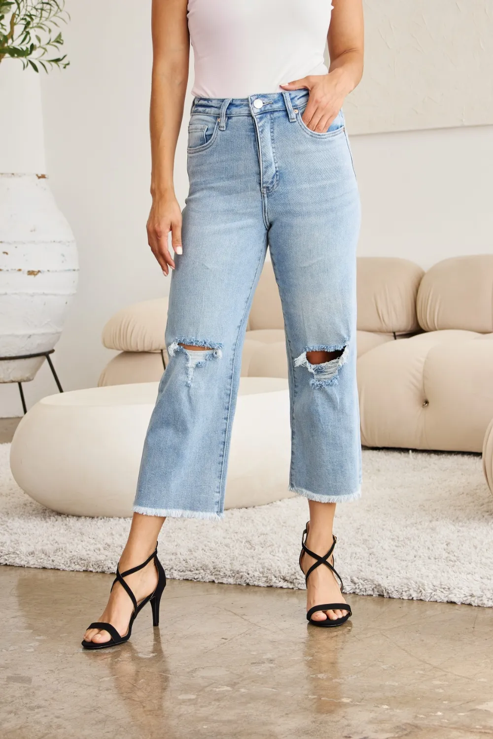 Full Size Tummy Control High Waist Raw Hem Distressed Jeans, image 2