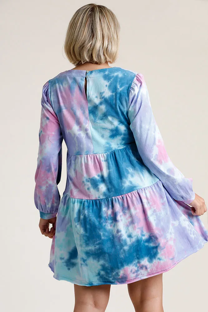 Full Size Tie Dye Round Neck Long Sleeve Babydoll Tiered Dress Plus Size, image 5