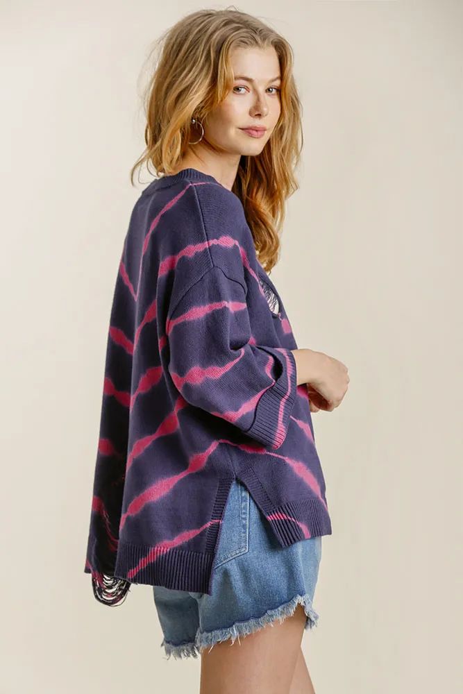 Full Size Tie Dye Side Slit Round Neck Distressed Detail Sweater Plus Size, image 2