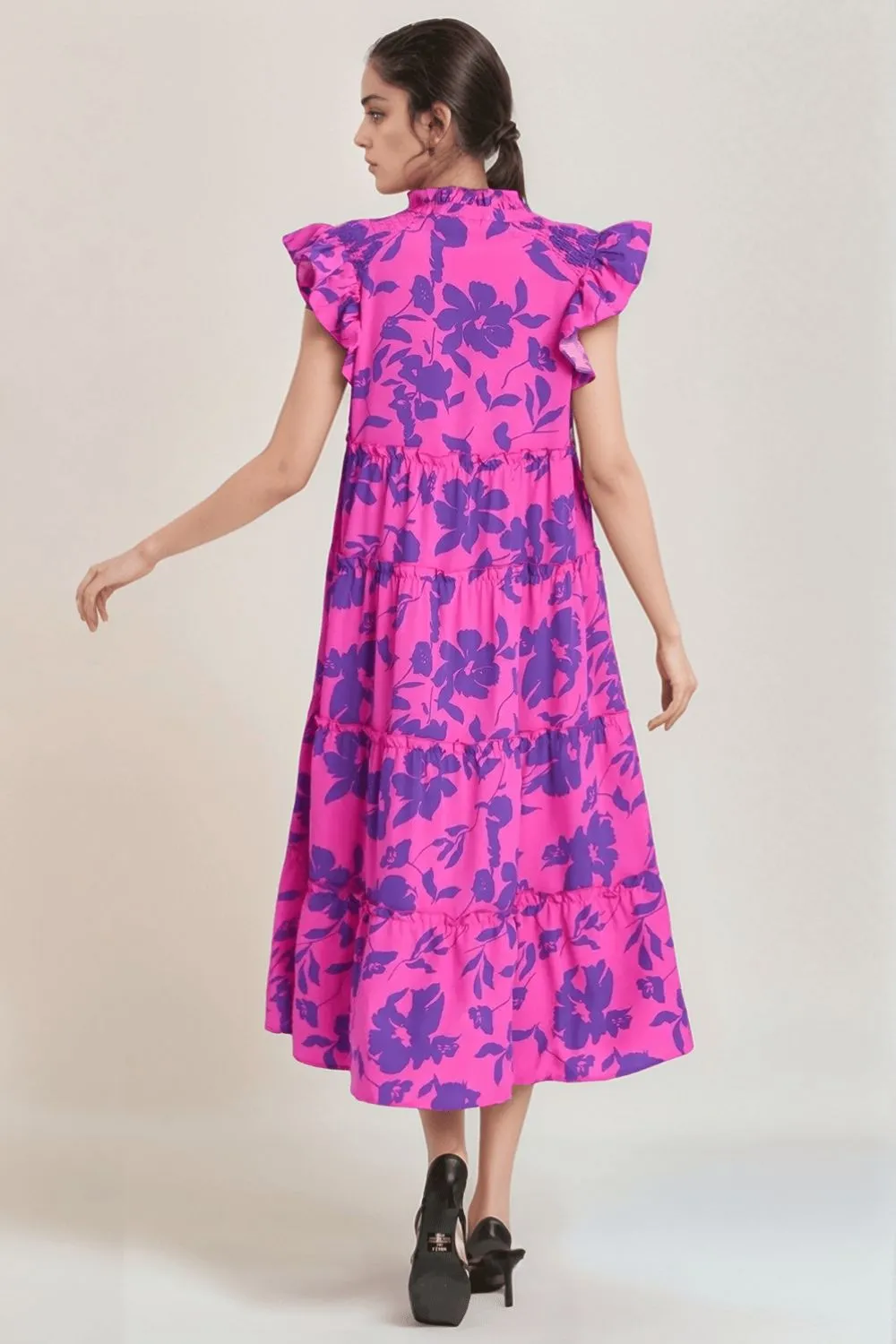 Full Size Ruffled Printed Notched Cap Sleeve Midi Dress, image 2