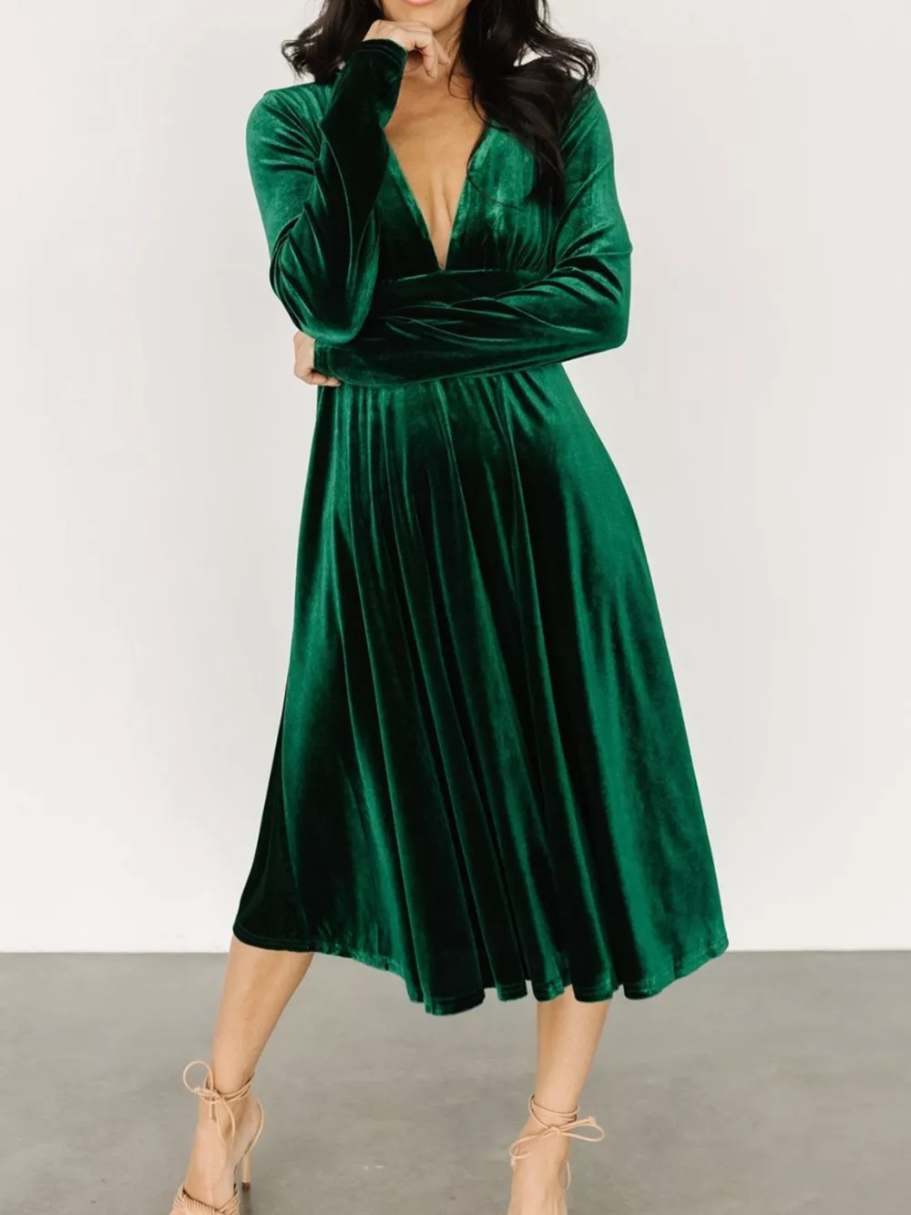 Velvet Deep V-Neck Long Sleeve Dress, image 2