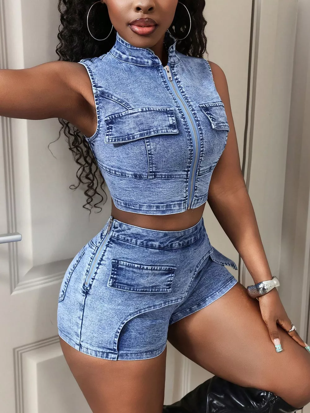 Sleeveless Zip-Up Denim Crop Top and Asymmetric Pocket Shorts Set, image 5