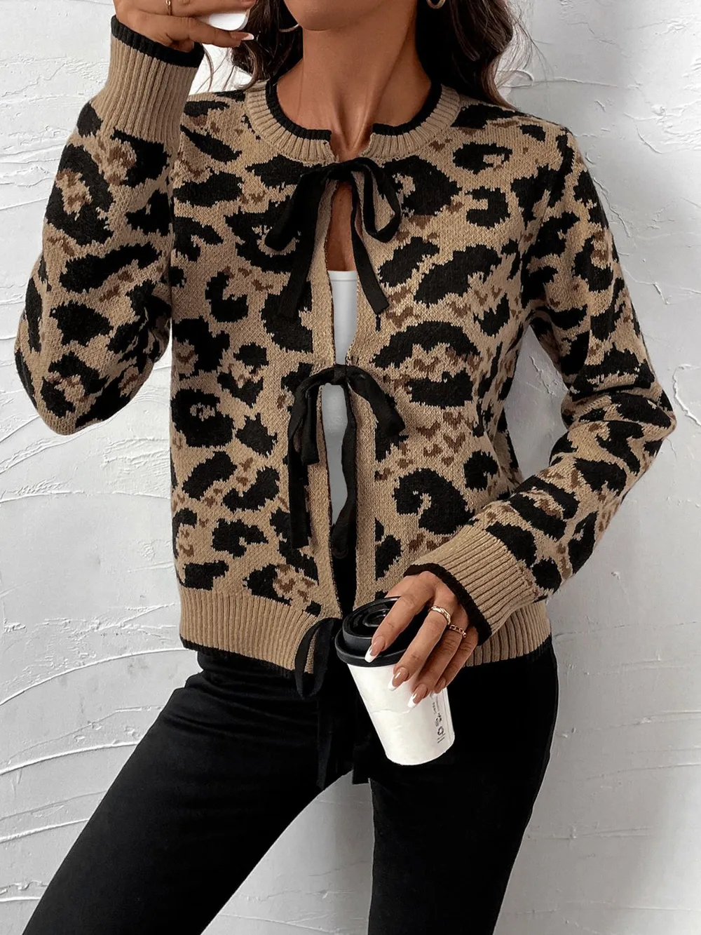 Tied Leopard Long Sleeve Cardigan, image 3