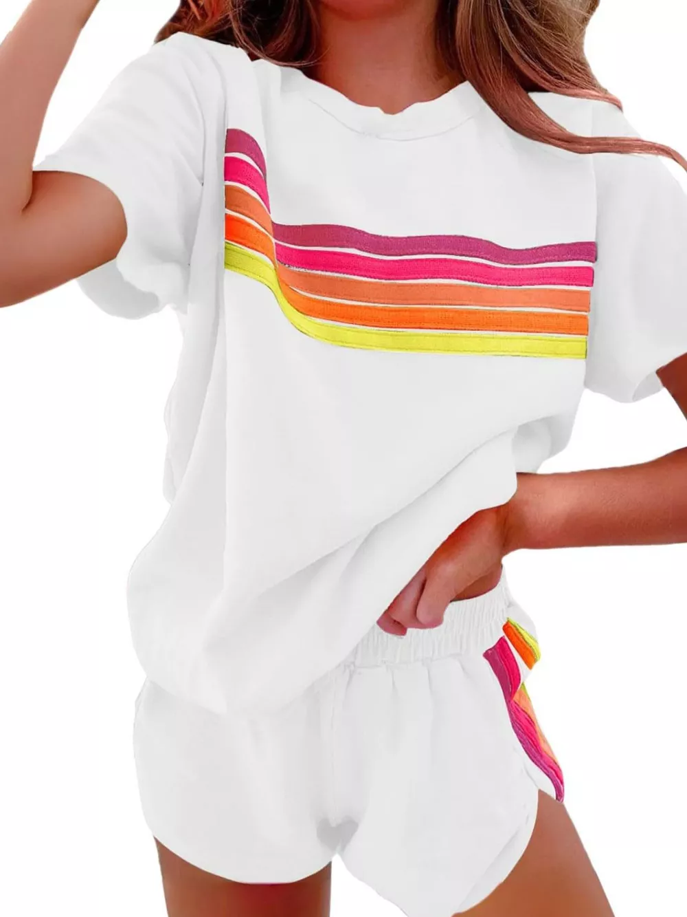 Rainbow Striped Round Neck Top and Shorts Set, image 2