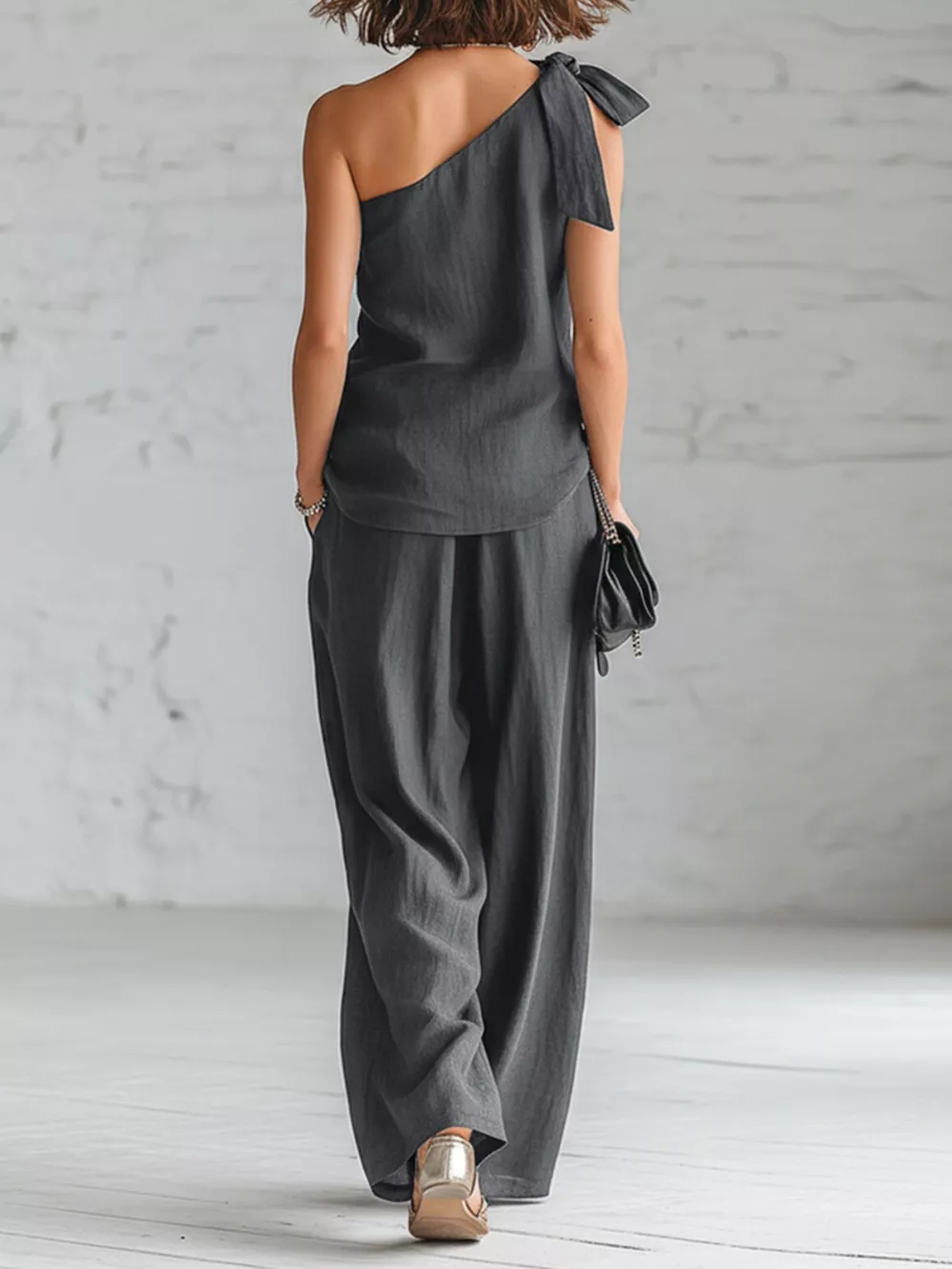 One-Shoulder Bow Tie Top and Wide-Leg Pants Casual Two-Piece Set, image 4