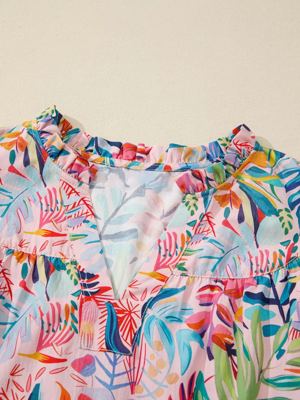 Tropical Floral Print Frilly Notched Neck Ruffled Short Sleeve Blouse, image 2