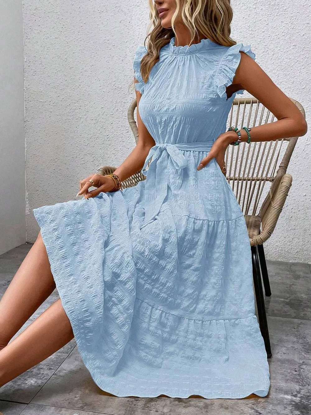 Tied Ruffled Cap Sleeve Midi Dress, image 2