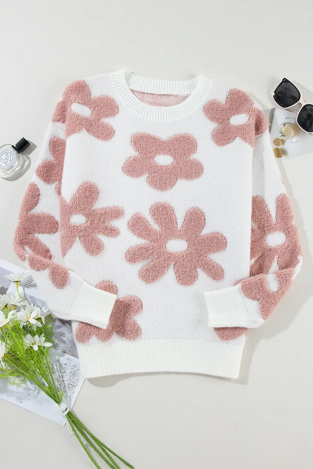 Flower Round Neck Long Sleeve Knit Top, image 2