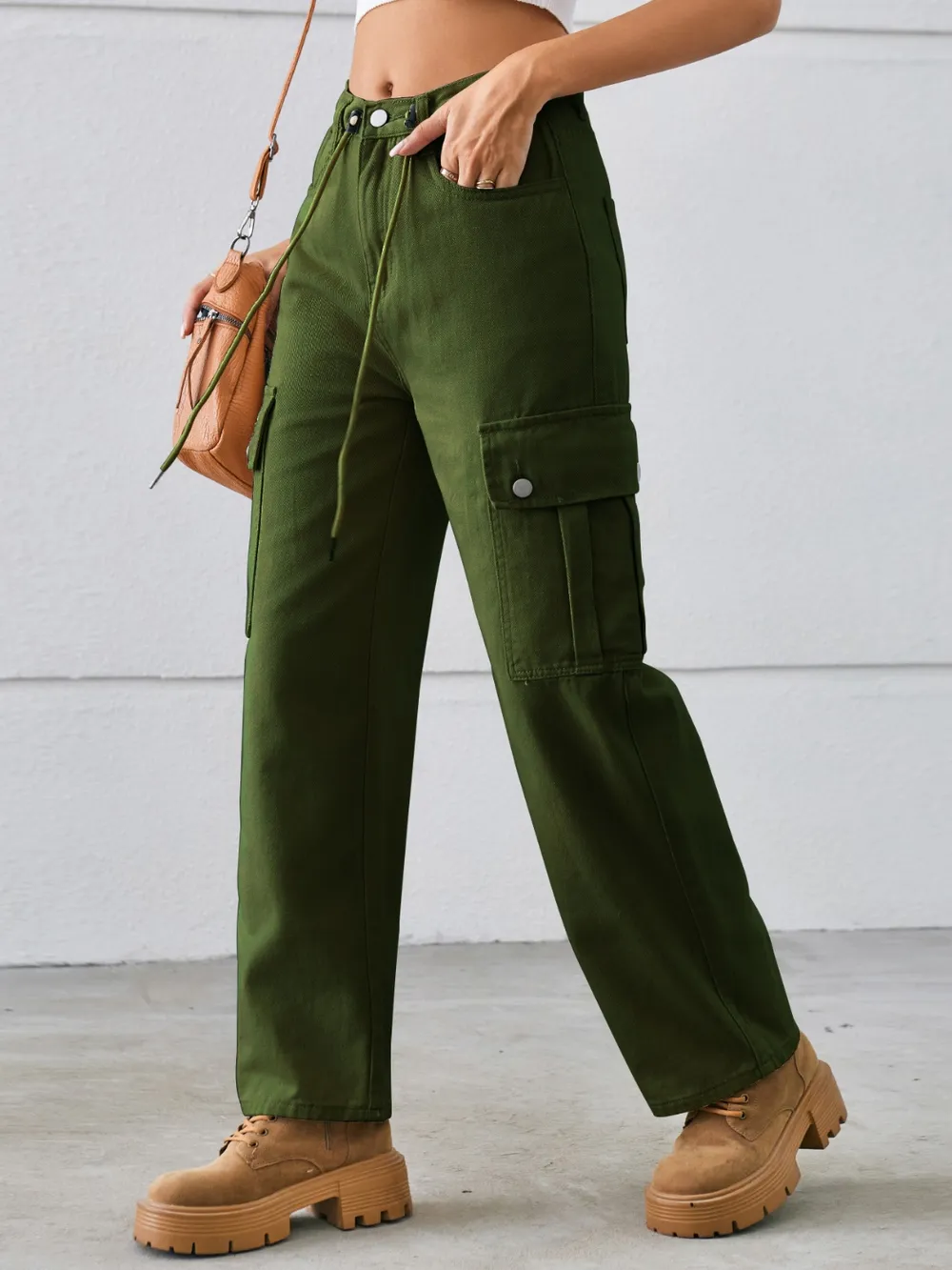 Drawstring Mid-Rise Waist Straight Cargo Jeans, image 3