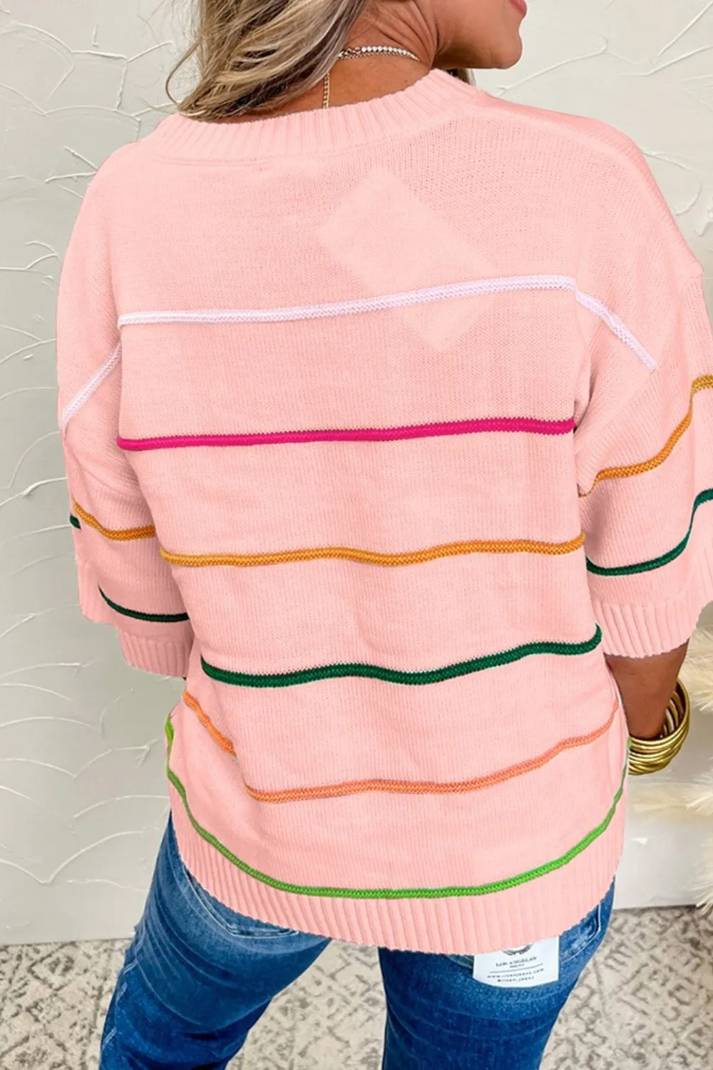 Striped Round Neck Half Sleeve Sweater, image 2