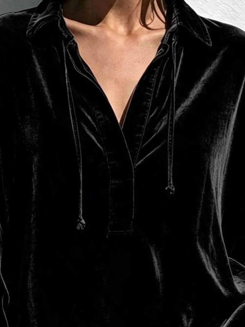 Full Size Oversized Velvet Collared Neck Drawstring Blouse Plus Size, image 4