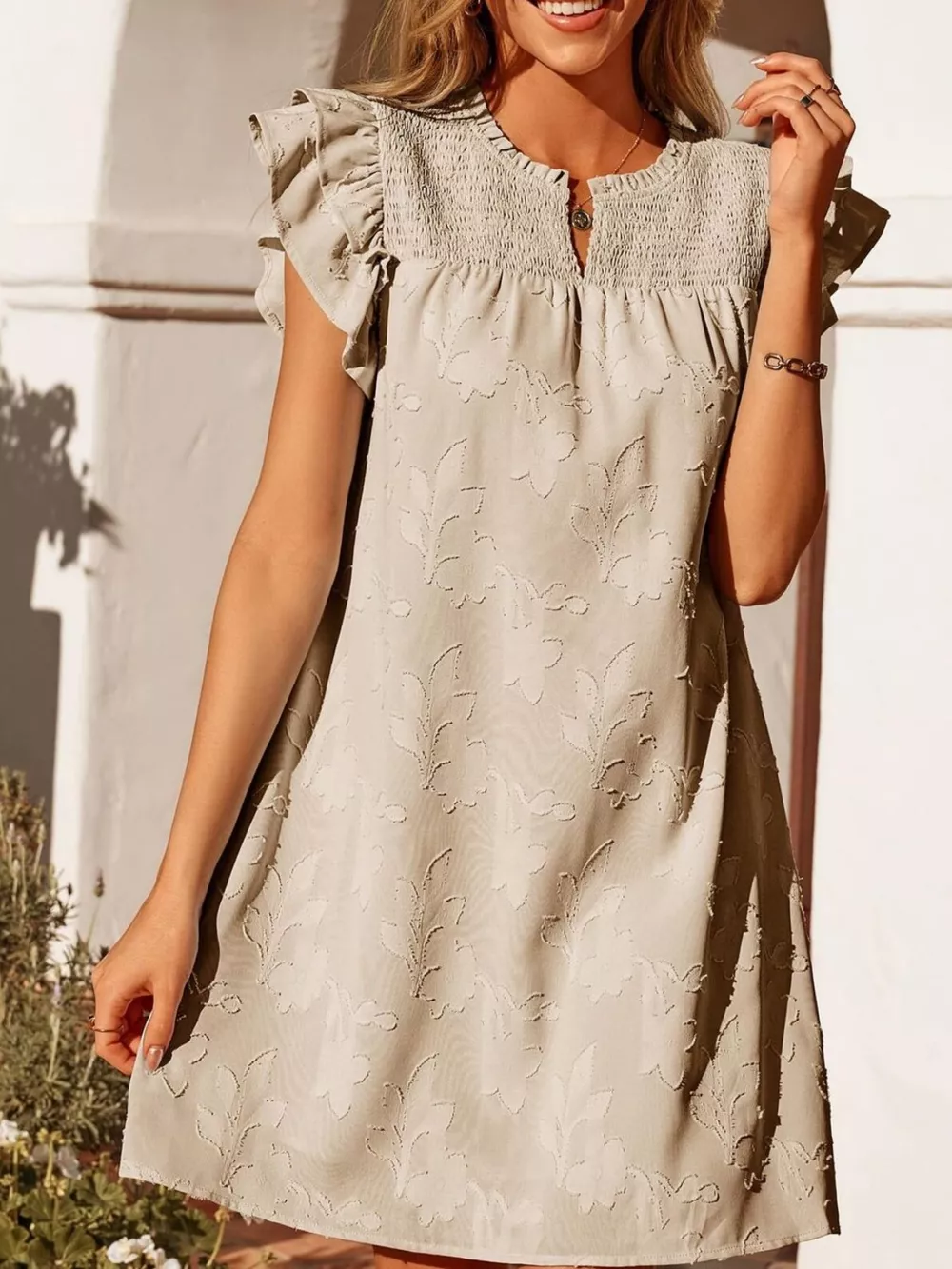Floral Embossed Ruffle Sleeve Mini Dress, image 2