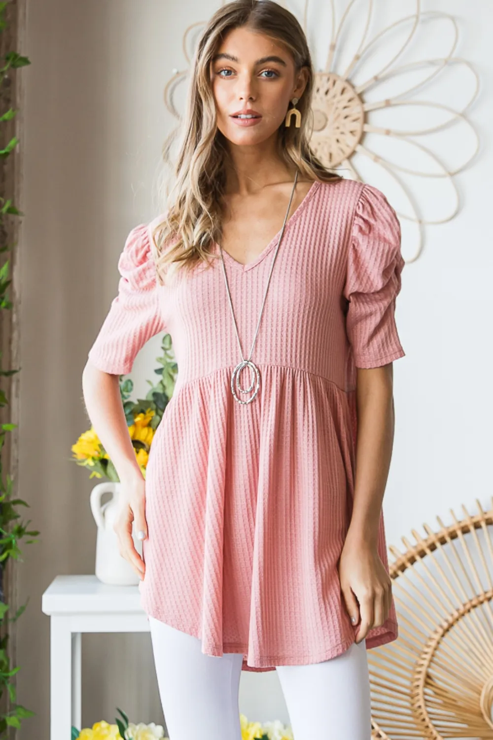 Full Size Waffle Knit V-Neck Babydoll Top, image 3