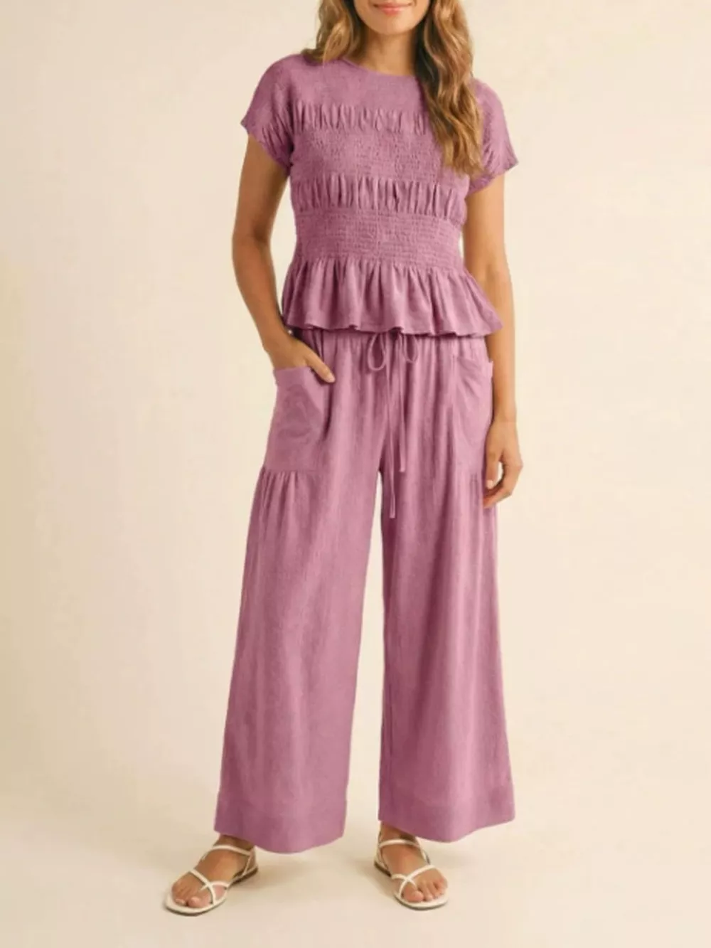 Smocked Peplum Top and Wide-Leg Pants Set, image 7