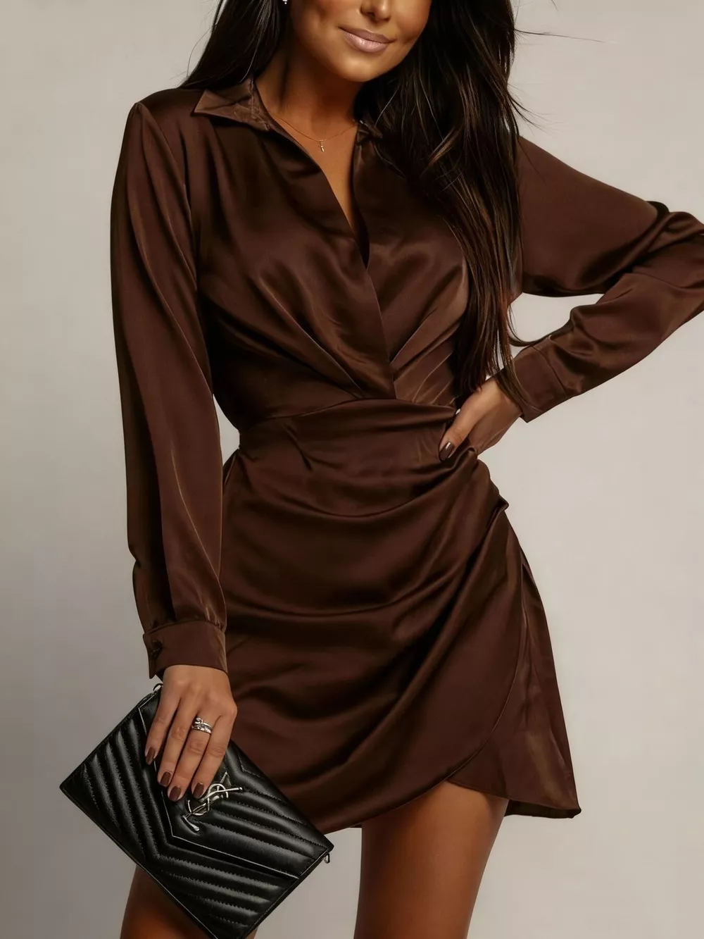 Collared Neck Long Sleeve Satin Dress, image 3