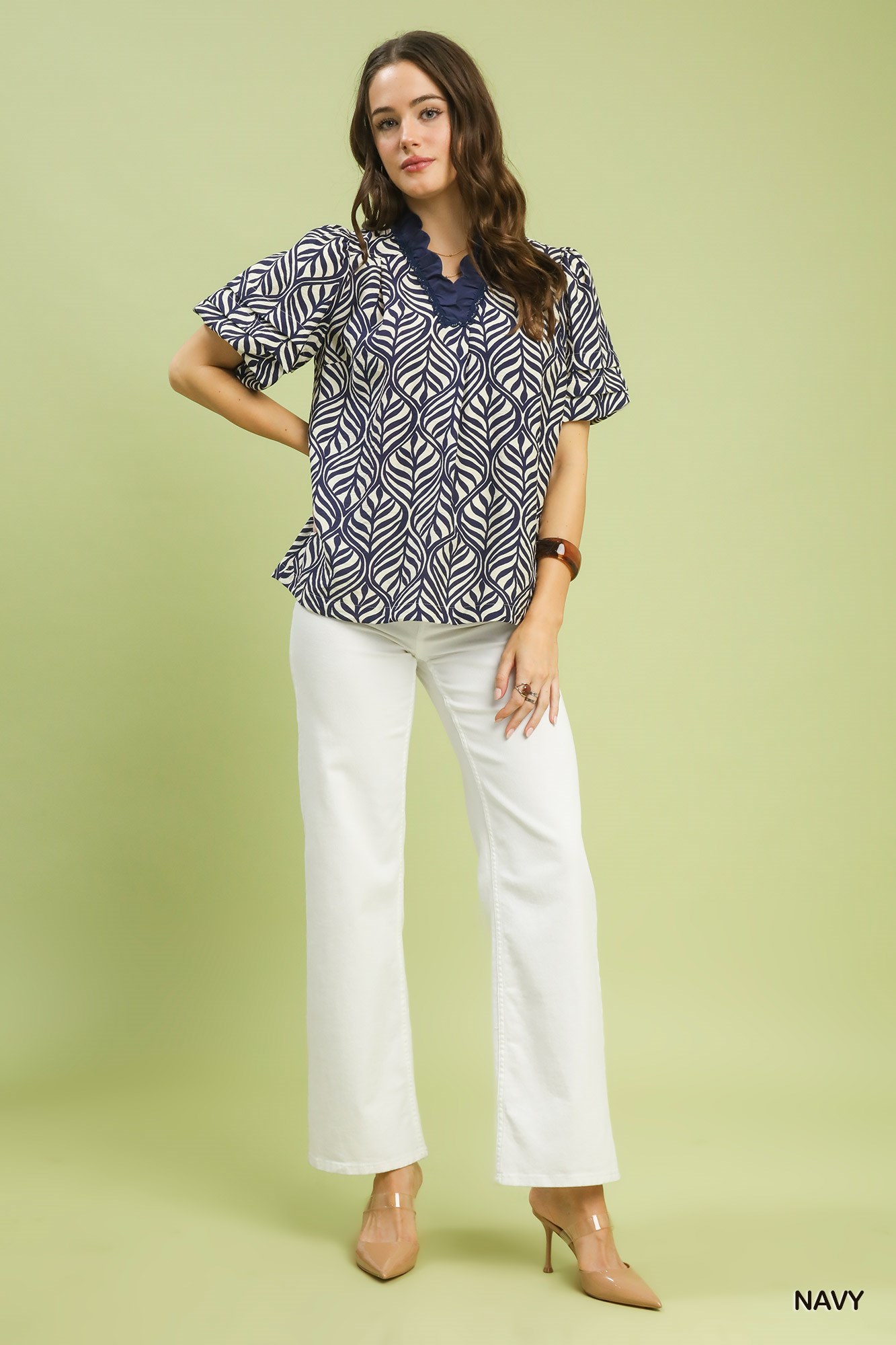 Printed Puff Sleeve Ruffle Neck Top, image 2