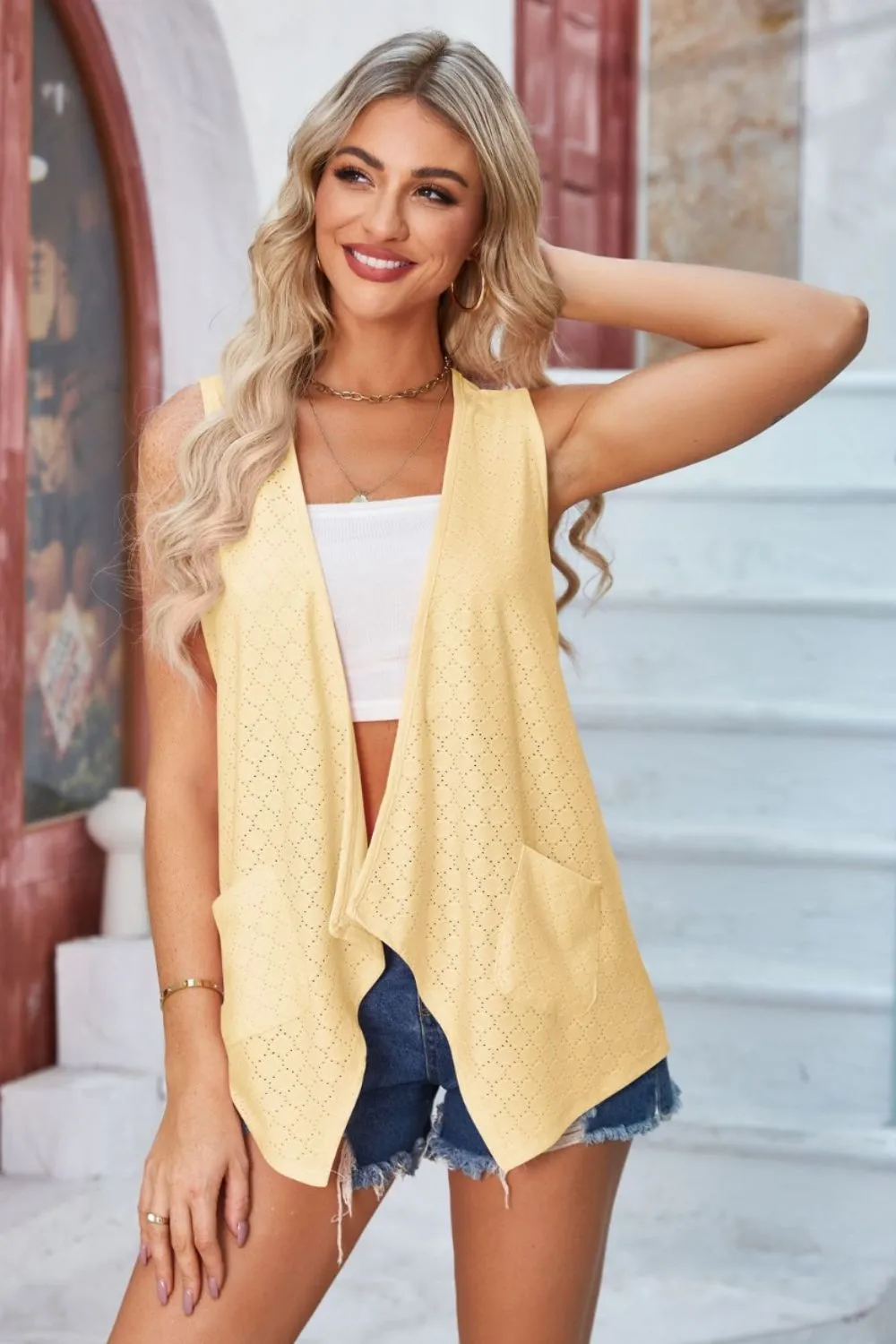 Eyelet Open Front Sleeveless Cardigan, image 4