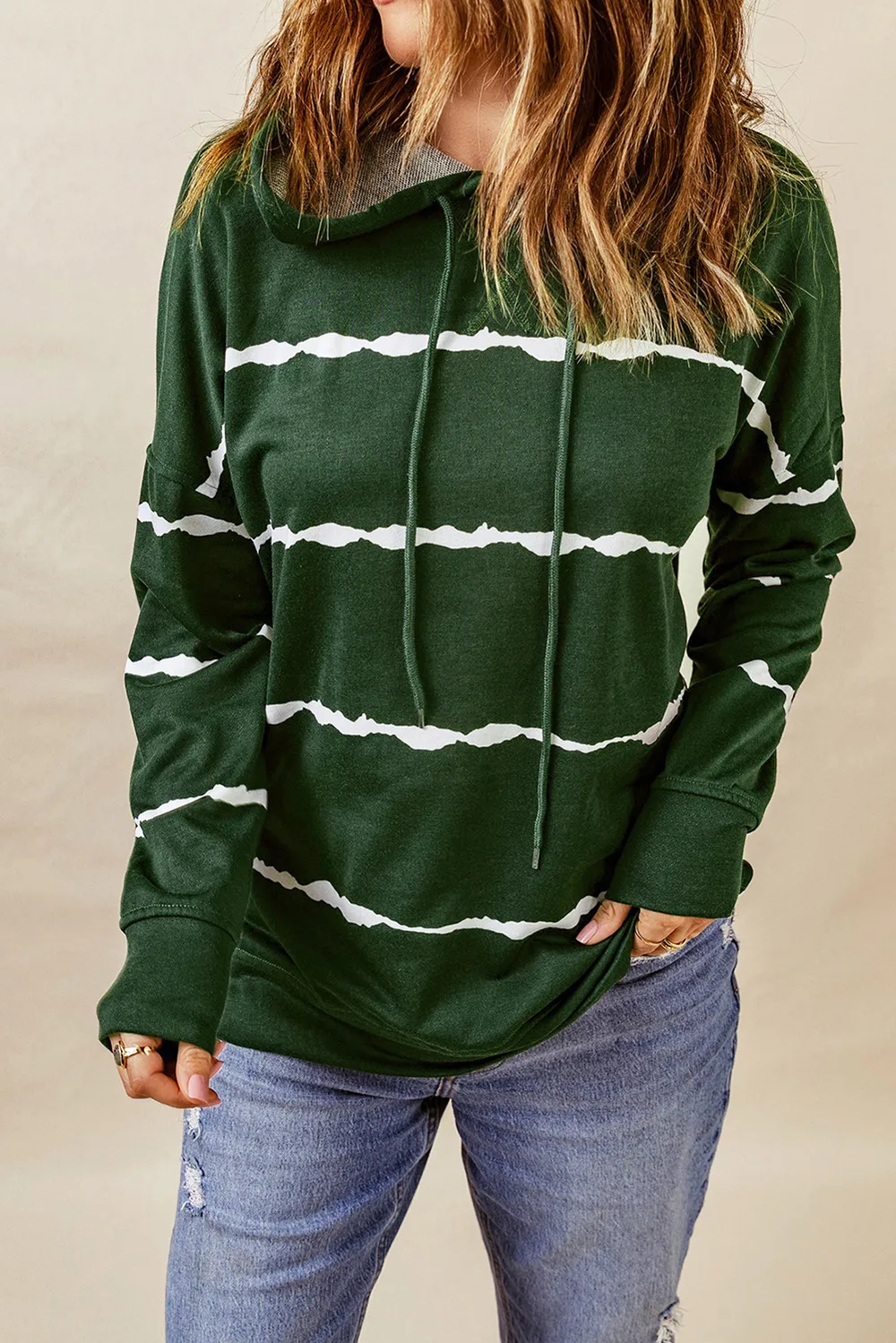 Drawstring Striped Dropped Shoulder Hoodie, image 4