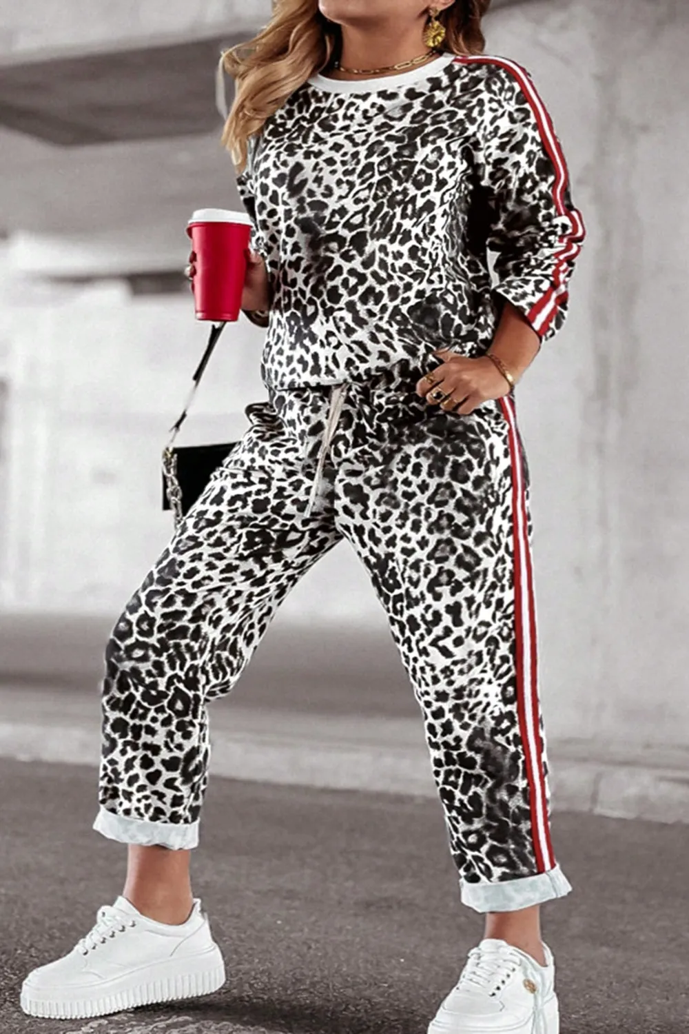 Plus Size Leopard Round Neck Top and Pants Set, image 2