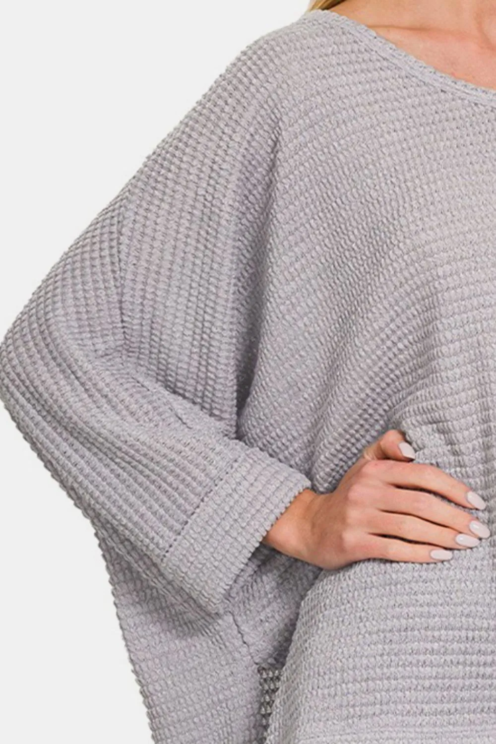 Waffle Knit V-Neck Long Sleeve Slit Top, image 3
