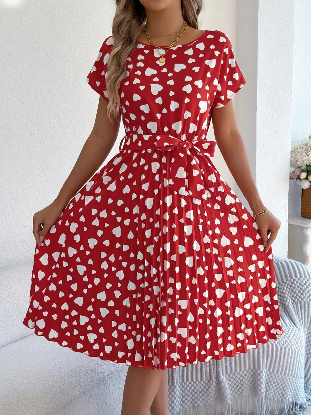 Heart Print Short Sleeve Tie Waist Dress, image 11