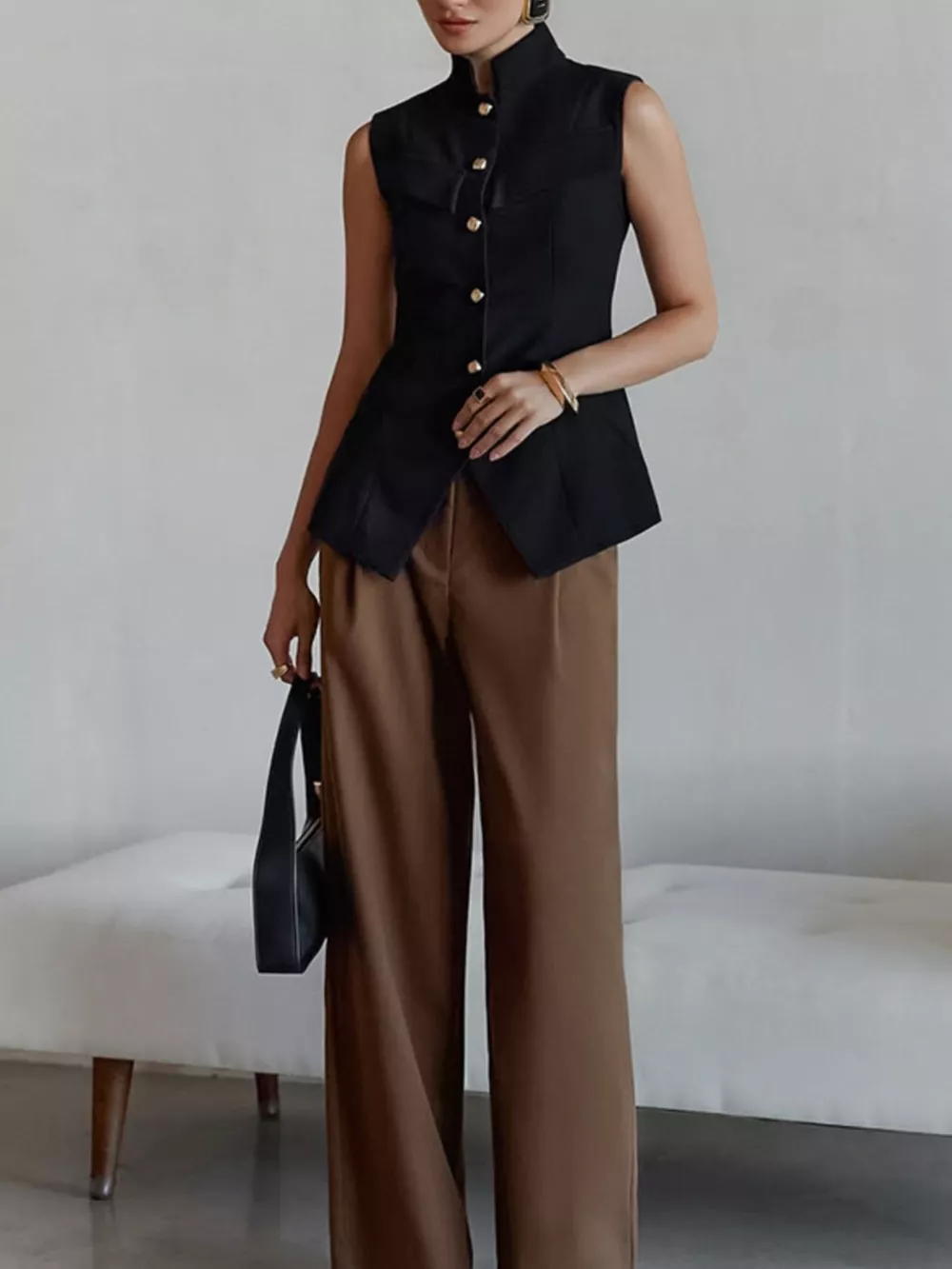 Stand Collar Button-Down Vest Coat, image 5