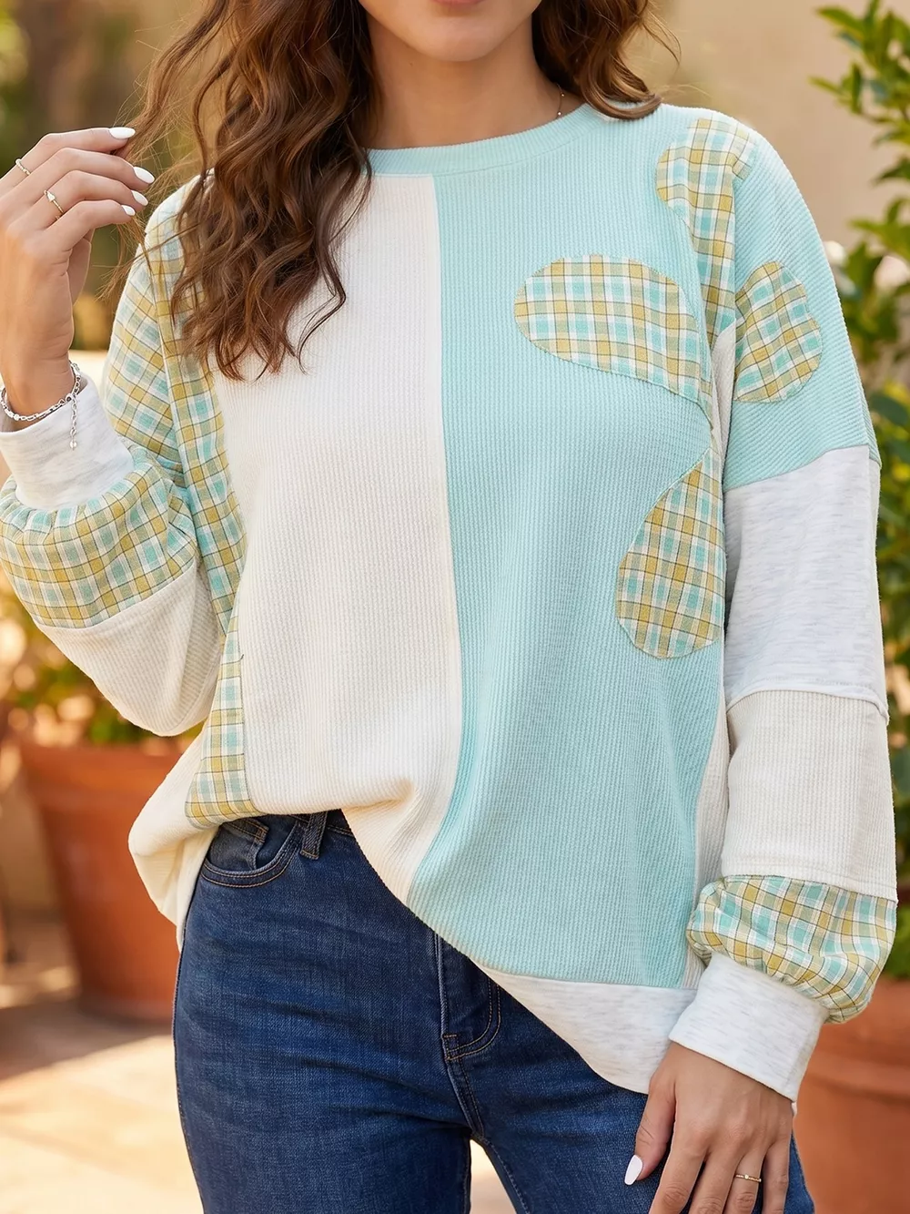 Plaid Patchwork Round Neck Long Sleeve Top, image 2