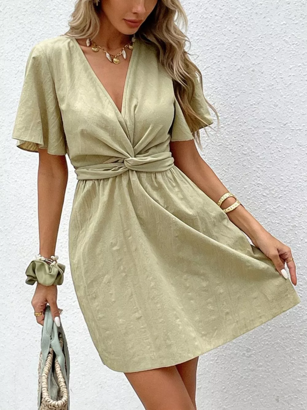Twist Waist Flutter Sleeve Mini Dress, image 3